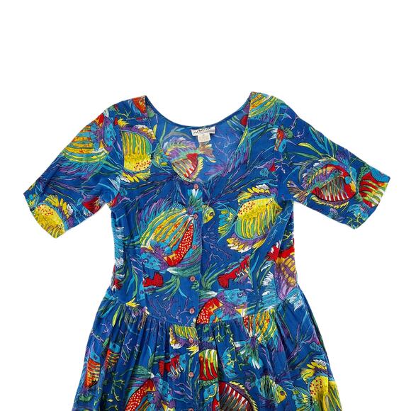 Vtg 70s Adini Tropical Fish Print Gauze Midi Button-Up Dress size Medium - Picture 6 of 13